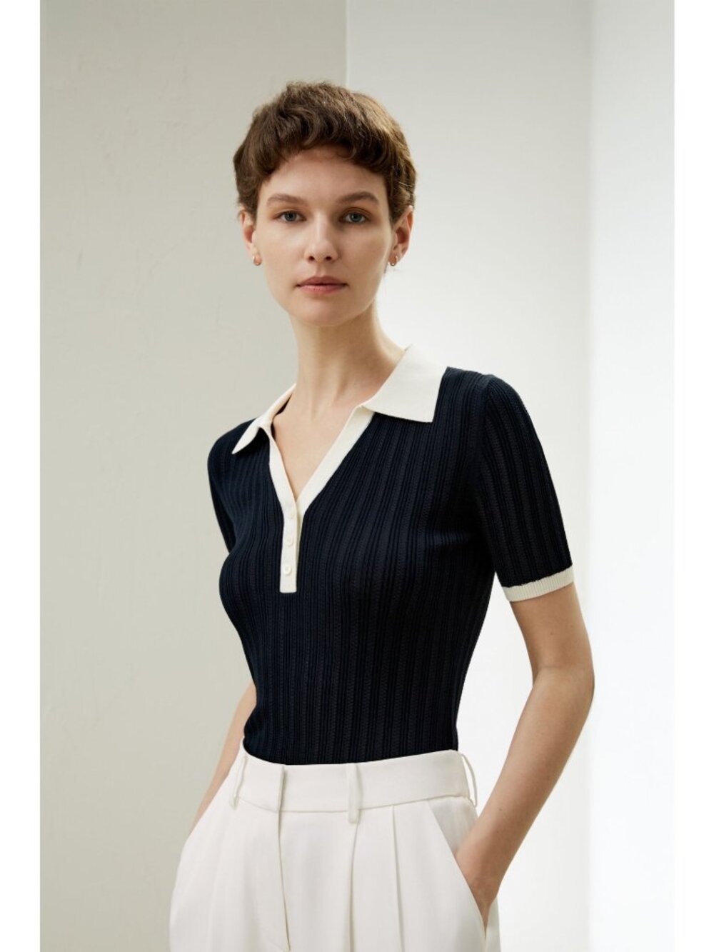 Lilysilk V Neck Ribbed Silk Knit Top Navy + White Women’s Size Small